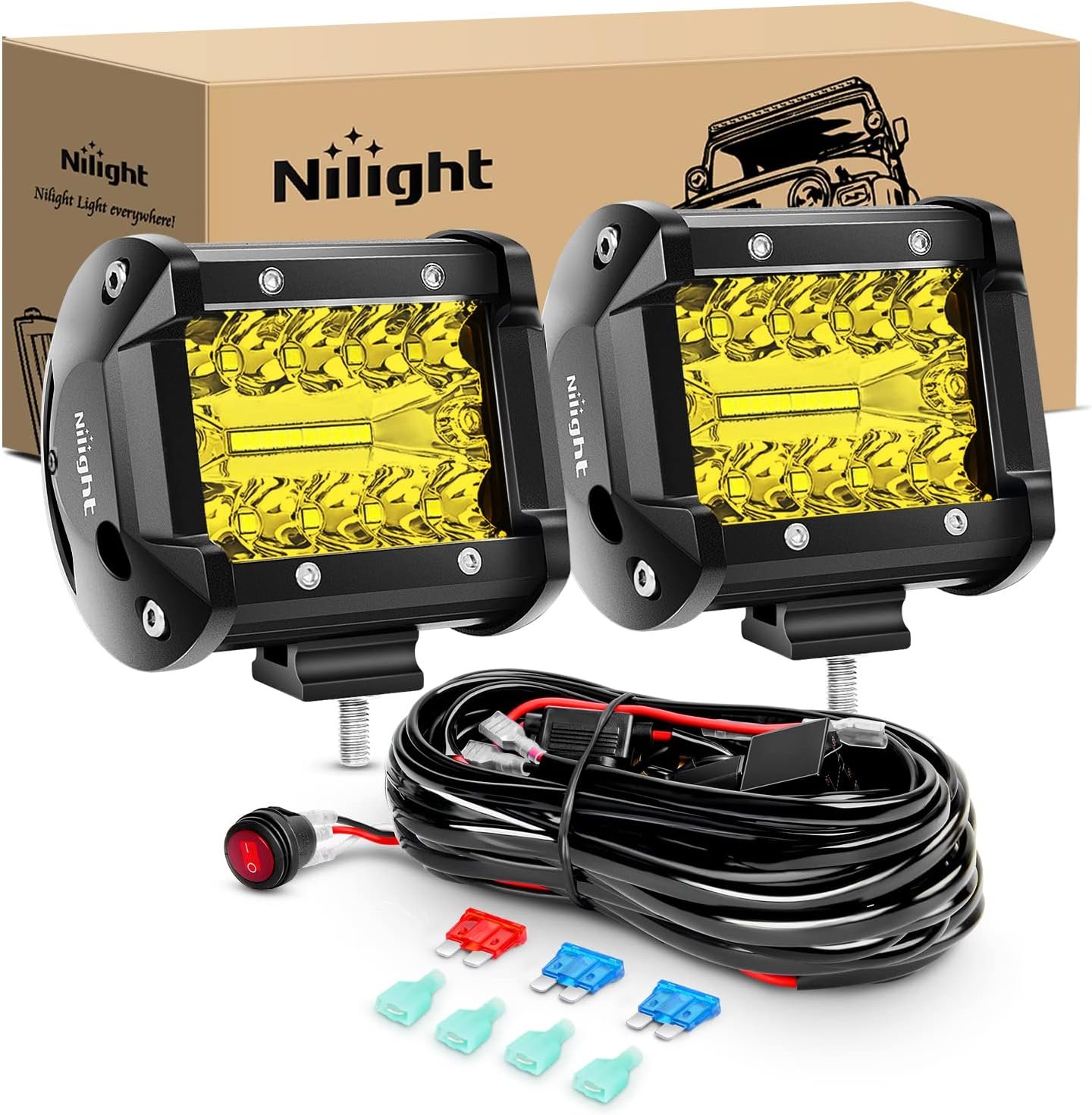 Nilight Juego de 2 luces antiniebla de conducción de 4 pulgadas amarillas de triple fila de 60 W